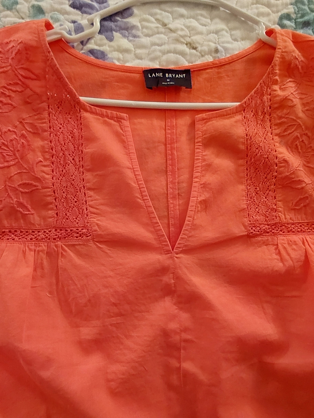 Lane Bryant Coral Split V-Neck Embroidered Blouse